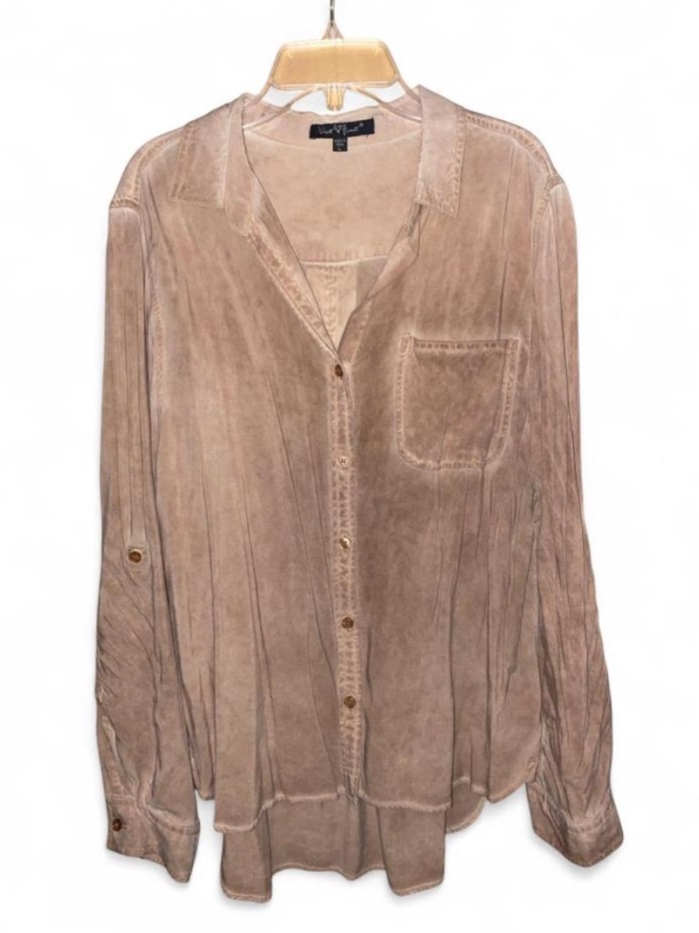 Velvet Heart Acid Wash Button Up Boho Hippie Utility Shirt Tan Taupe Women’s L